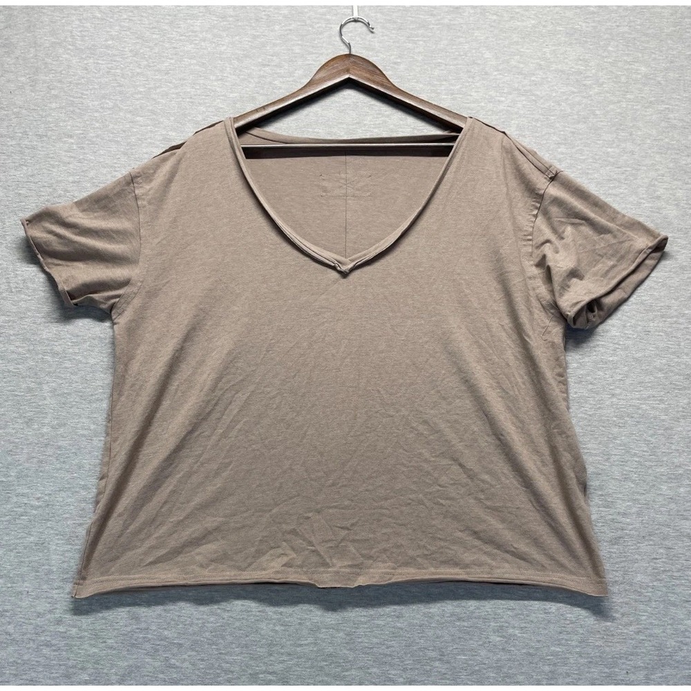 Women's T-Shirt Top Small Khaki Stretch Relaxed Fit Deep V-Neck Raw Edge Details